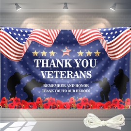 Veterans Day Decorations Backdrop 71x43 Inch – Thank You Veterans Patriotic Banner for Memorial Day & Veterans Day, Large Indoor/Outdoor Photography Background with 19.69ft Ribbon & 4 Brass Grommets