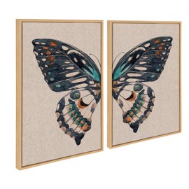 Kate and Laurel Sylvie Boho Butterfly Watercolor Diptych Neutral Linen Framed Canvas Wall Art Set by The Creative Bunch Studio, 2 Piece Set 23x33 Natural