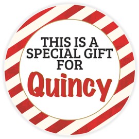 This is a Gift for Quincy - 25 Pack Circle Stickers 3 Inch - Candy Cane Merry Christmas Gift Tag Present Tree Holiday Custom Name Santa Claus