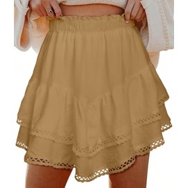 Ammiko Flowy Shorts for Women Summer Ruffle Tiered Skirt Casual Crochet Boho Skorts High Waist Mini Skirts Golf Tennis Khaki L