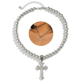 Vcagirest Punk Titanium Cross Necklace Hip-hop Creative Bead Necklace Silver Cross Pendant Necklace Jewelry for Women