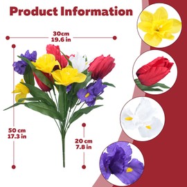 MHMJON Artificial Cemetery Flowers for Grave, 19.7'' Spring Flowers for Cemetery, Fake Red Tulips Yellow Daffodil Purple Iris Bouquets for Outdoor Grave Decor Home Table Wedding Easter (2 Pcs)