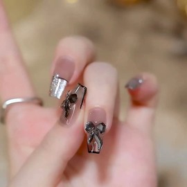 Set of 24 Nail Tips, Black, Unique Design, Trapezoid Style, Scandinavian Nail