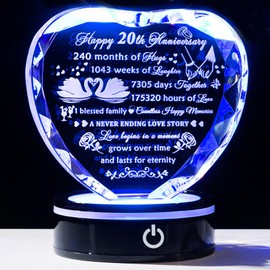 YWHL 20th Anniversary Crystal Heart Gifts for Wife Husband, Laser Engraved Romantic 20 Year Wedding Anniversary Crystal Keepsake Gifts for Her Him, 20 Years of Marriage Gift for Couples Friends