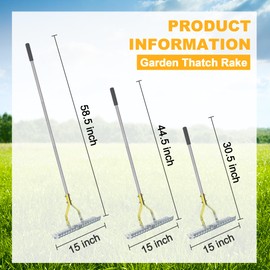 BARAYSTUS Thatching Rake 15-Inch Wide for Cleaning Dead Grass Efficient Steel Metal Grass Rake with Stainless Steel Handle Lawn loosening Soil 58.5-Inch Length