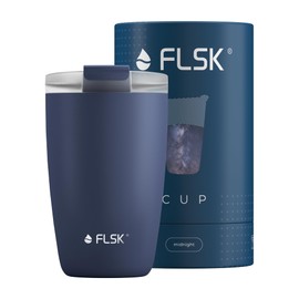 FLSK CUP Stainless Steel Reusable Cup for Travel (350 ml, 500 ml) - 3 Hours Hot, Leak-Proof, Includes Plastic-free Tube Box and Microfibre Buddy, Ideal for Travel, Office or Filling in the Cafe