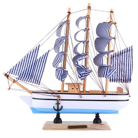 Homoyoyo Wooden Sailboat Model Nautical Sailing Ship Yacht Model Mediterranean Style Beach Sea Theme Tabletop Ornaments for Home Office Decoration Blue