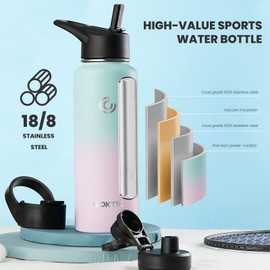 COKTIK 40 oz Sports Water Bottle With Straw,3 Lids, Stainless Steel Vacuum Insulated Water Bottles,Leakproof Lightweight, Keeps Cold and Hot, Great for Travel, Hiking, Biking, Running(Bubble Gum)
