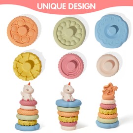 BUTI4WLD 8 Piece Stacking & Nesting Baby Toys, No Hole Stacks of Circles Soft Teething Toy and Building Circle with Pink Horse Figure, Newborn Essentials for 6 12 18 Months Boys Girls