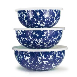 Golden Rabbit Enamelware - Cobalt Blue Swirl Pattern - Set of 3 Mixing Bowls with Lids