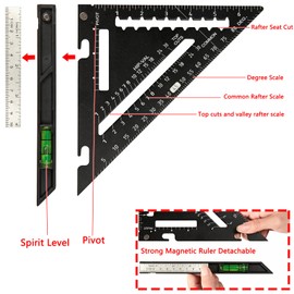Beslands 7 inch Rafter Square with Level, Aluminum Metal Triangle Ruler Carpenter Square Woodworking Layout Tool Aluminum Triangle Tool Stainless Steel Ruler (Black)