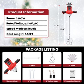 SILVEL Cement Mixer, Max 2400W Electric Concrete Mixer with 6 Adjustable Speeds, Portable Mortar Mixer, 110V Handheld Mud Mixer for Mixing Mortar, Paint, Slurry, Gypsum, Sheetrock, Feeding