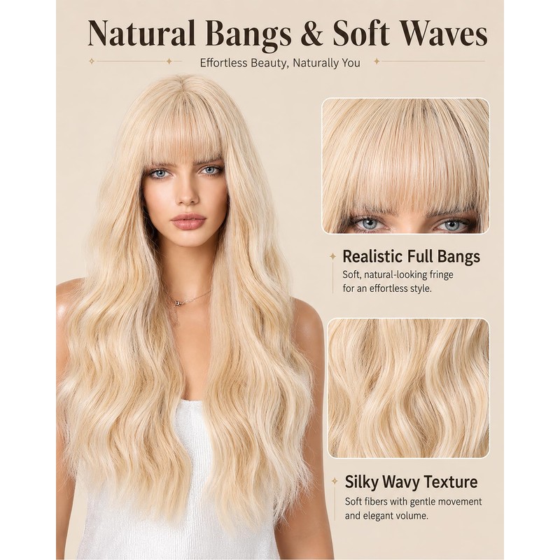 Light Blonde Long Wavy Wig with Bangs for Women Synthetic