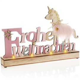 com-four® LED decorative stand made of wood, illuminated lettering on wooden base, decorative lettering to stand up for Christmas, mood light with timer (pink + unicorn)