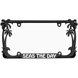 Seas The Day Palm Tree Design Chrome Metal Auto License Plate Frame Car Tag Holder(Black/White)