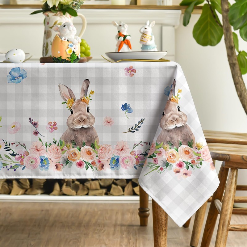 Horaldaily Easter Tablecloth 60x120 Inch, Spring Flower Buffalo Plaid Bunny