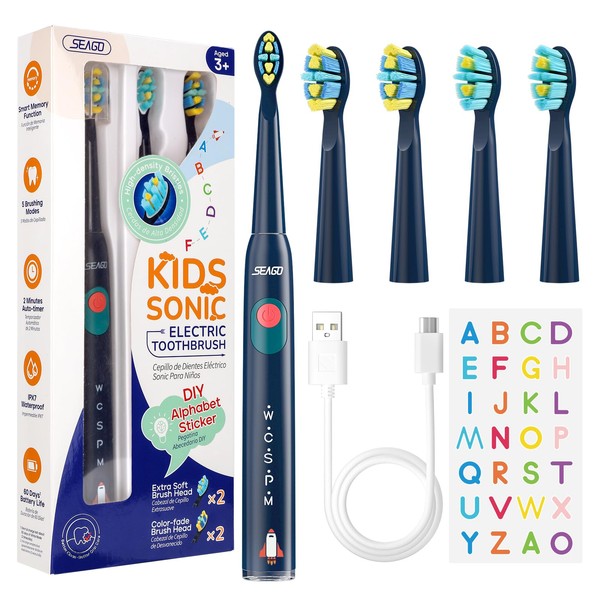 Seago Brosse à dents électrique pour enfants à partir de 6 ans, rechargeable, poils extra doux, 5 modes de brossage pour le soin dentaire, autocollants lettres (bleu)