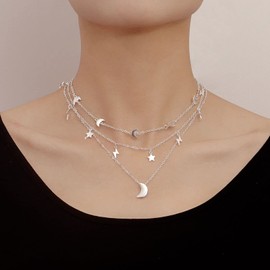 Yienate Boho Layered Star Moon Lightning Necklace Choker Vintage Silver Crescent Moon Choker Star Lightning Necklace Moon Pendant Necklace Multilayer Statement Necklace Jewelry for Women and Girls