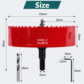 Yeepeo Hole Saw 130 mm, Universal HSS M42 Bi-Metal Hole Saws, Circular Saw with Hex Shank and Drill Bit Set Drill Bit for Wood, Drywall, Plastics, 1 Piece Red