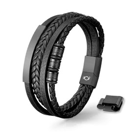 UNIQAL Black Shape Men's Leather Bracelet Stainless Steel Genuine Leather Case Box, Leather