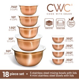 COOK WITH COLOR 18 Piece Mixing Bowls Set with Airtight Lids, Stainless Steel Bowl Organizers, Food Storage Containers, Meal Prep, Nesting Salad Bowls For Cooking, Baking, Kitchen Use, Copper