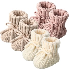Evervibe 3 Pairs Knitted Baby Booties 0-6 Months Newborn Baby Shoes First Walkers Cozy Shoes for Infant Boy Girl(Beige,Khaki,Pink)