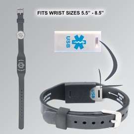 USB Medical Alert Bracelet Waterproof, Hypoallergenic Silicone Wristband 2GB Waterproof Flash Medical ID Wallet Card Elite II USB Gunmetal Gray