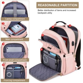 Kuosdaz Backpacks for Women, School Backpack for Teen Girls, 15.6 Inch Cute Quilted Laptop Backpack with USB Charging, Large Bookbag for Middle School College Students, Pink