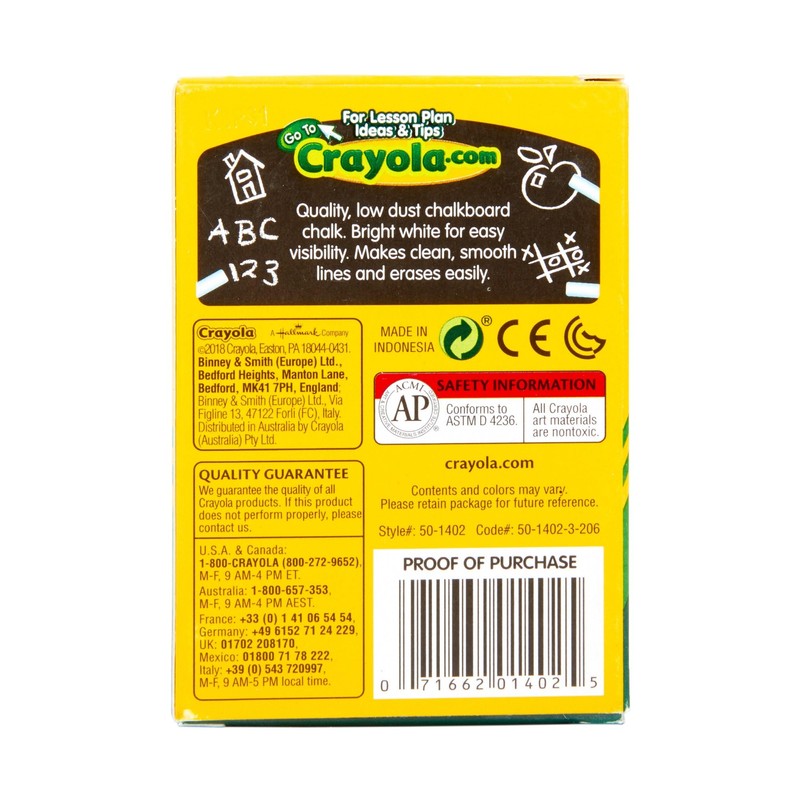 Crayola(R) Anti-Dust Chalk, (White) Box Of 12 Sticks
