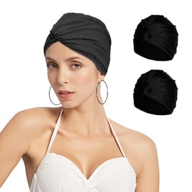 2pcs Women Turban Style Swimming Cap Pleated Fabric Swim Pool Beach Surfing Bathing Cap Elastic Ears Protection Shower Cap Soft Cross Beanie Cap Chemo Night Sleep Hat Solid Color For Long Short Hair