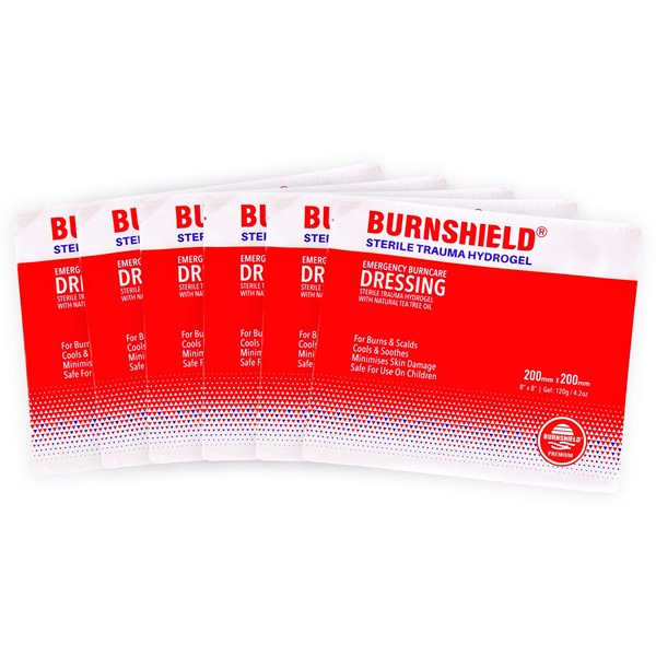 Burnshield Sterile Emergency Burn Dressing 8”x8” (20cm x 20cm)”Cools The Burn” – 6 Pack