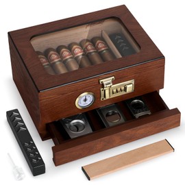 Tesonway Cigar Humidor, Cedar Wood Humidor Cigar Box, Glass Top Desktop Humidor with Front Hygrometer, Humidifier, Divider, Accessories Drawer and Combination Lock, Cigar Gifts for Men (Brown)