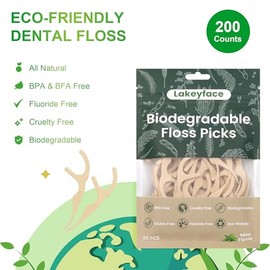 Lakeyface Palillos de hilo dental biodegradables de 200 unidades, palillos de hilo dental ecológicos de origen vegetal para adultos, palillos de hilo dental resistentes al desgarro con mangos anchos