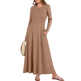 ANRABESS Women's Long Sleeve Casual Maxi Dress Button Fit & Flare A-Line Swing Flowy Long Dresses 2025 Spring Trendy Outfits Khaki Large