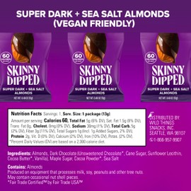 SkinnyDipped Super Dark Chocolate + Sea Salt Almonds, Vegan, Healthy Snack, Plant Protein, Gluten Free, 0.46 oz Mini Bags, Pack of 24