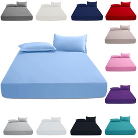 KHIM Luxury Extra Deep Fitted Sheet 16”/40CM Breathable Poly Cotton Plain Soft Long-Lasting Bed Sheet Single Double King Super King (Sky Blue, Super King + Pillowcase Pairs)