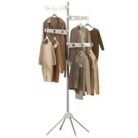 CASAMAYA Clothes Drying Rack Foldable, 70.9 inch Tripod Drying Rack for 35 Pieces of Clothes, with Height-Adjustable Rotatable Clothes Rails, Space Saving, Stainless Steel, White and Silver CDR005W01