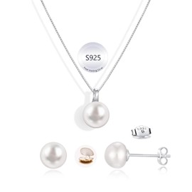 Freshwater Pearl Necklace and Earring Set for Women Includes 925 Sterling Silver Pearl Stud Earrings and a Pearl Pendant Necklace | Hypoallergenic Jewelry Set with Genuine Cultured Pearls