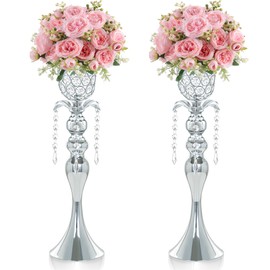 Kehail 2Pcs Silver Crystal Metal Vase Set - Tulip & Trumpet Wedding Centerpieces, Artificial Flower Arrangement Vases for Home Decor, Restaurant Table Displays