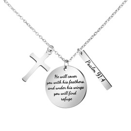 Bible Verse Cross Pendant Christian Necklace Prayer Charm Faith Religious Jewelry for Women (He will cover you with his feathers, and under his wings you will find refuge)