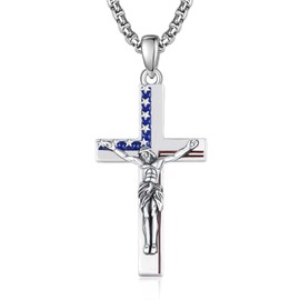 ADMETUS Sterling Silver Crucifix Pendant for Men Jesus American Flag Cross Necklace Jewelry Amult Protection Religious Gifts for Men