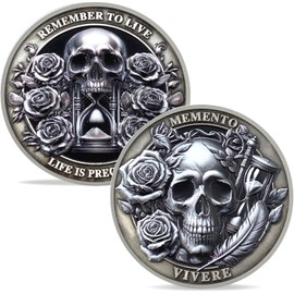 IELCJJ Memento Mori Coin – Rose Skull Memento Vivere Token EDC Challenge Coin Stoic Token for Daily Stoic Practice - Inspirational Memento Vivere Coin Motivational Reminder Stoicism Gifts（C）