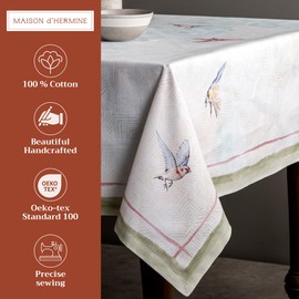 Maison d'Hermine Tablecloth, 100% Cotton, 160 cm x 220 cm, Decorative Tablecloth, Washable, Square Tablecloths for Mother's Day Gifts, Dining and Weddings, Flying Birds - Spring/Summer