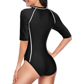 Daci Women Black and White Rash Guard Short Sleeve One Piece Swimsuit Zipper Surfing Bathing Suit UPF 50 XL
