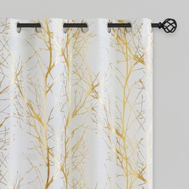 FMFUNCTEX Linen Semi Sheer Curtains, Gold Foil Metallic Print White Tree Panel for Bedroom & Living Room, Light Filtering 63 Inch Grommet Top 2 Panels