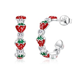 Strawberry Earrings Sterling Silver for Women: Red Strawberries Shortcake Hoop Earring Colorful Fruit Jewelry Gifts for Women