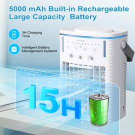 Yestono Portable Air Conditioners Rechargeable,5000mAh 3-Speed Small AC Fan,Portable Air Cooler with Remote,Timer function,7-Color Night light,3-Level Mist modes,Personal AC for Office,Camping.