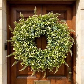 26 Inch Artificial Boxwood Wreath for Front Door, All Seasons Year Round Greenery Wreath, Indoor Outdoor Wall Window Porch Decor Window