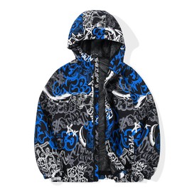 JOYSON Kid Boys Rain Jackets Lightweight Water-resistant Windbreaker Breathable Outerwear Raincoat with Hood Blue White Graffiti Print 4-5 Years