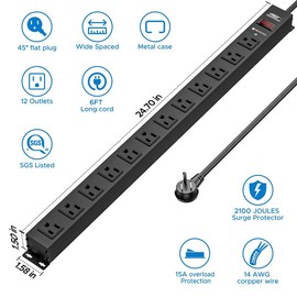 CRST 12 Outlets Wide Spaced Mountable Metal Power Strip Surge Protector, Optional 15FT or 6FT Flat Plug Power Cord multi plugoutlet - Size: 15FT Power Cord